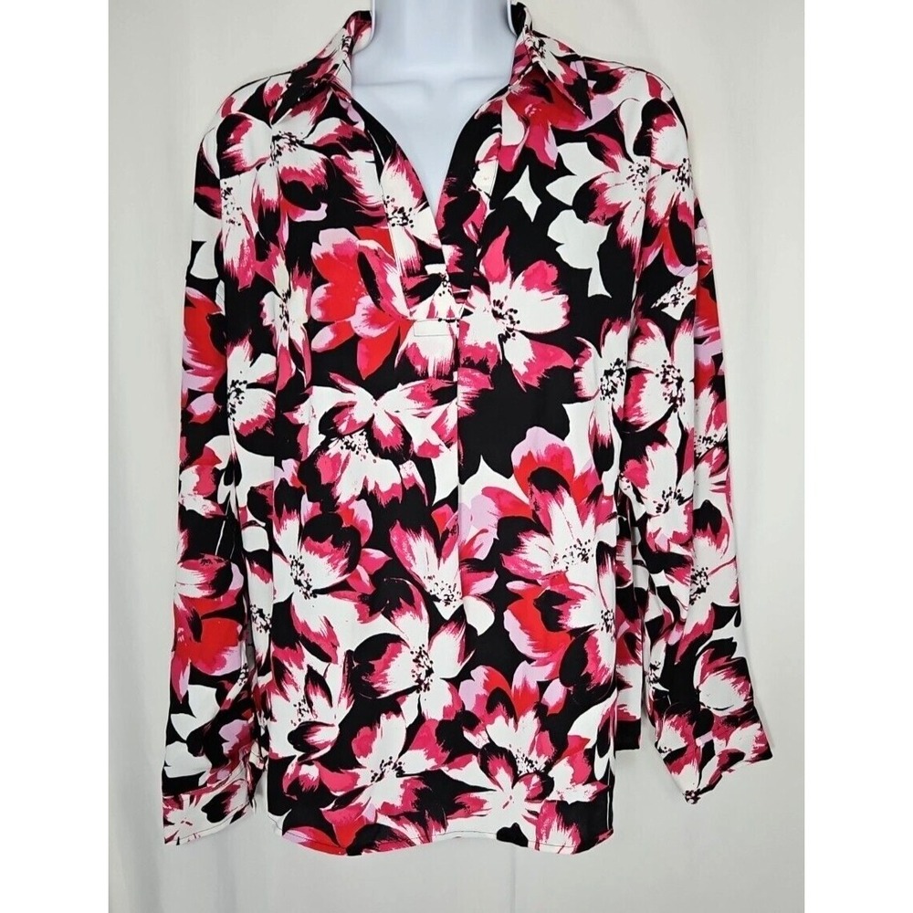 Rafaella Women's Black Red Floral Long Sleeve V-Neck Blouse Size Medium NWOT